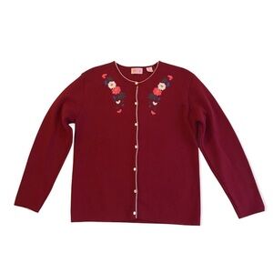 Vintage 70s Women’s Embroidered Cardigan Sweater Berry Red Floral Medium